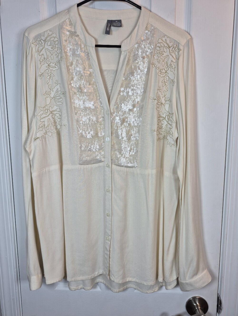 Anu by Natural Cream Rayon Blouse M Sequin Embroidered Boho Whimsigoth Tunic